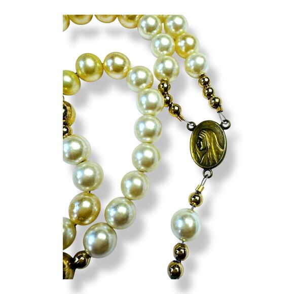 Faux Pearl Rosary Blue Rhinestone Beads Mother of Pearl Crucifix Prayer Beads - Picture 5 of 6